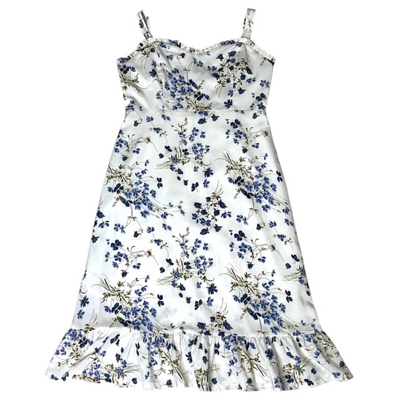 RIHOAS Floral Ruffle Flounce Trim Trumpet Mini Dress White Blue Medium Boho - Picture 2 of 14